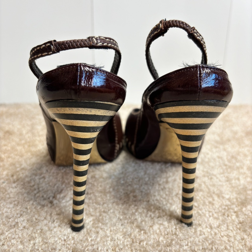 Zac Posen Brown Leather Peep Toe Slingback Y2K Striped Heels Size 7 - Picture 8 of 13